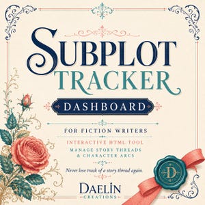 May include: A digital dashboard titled Subplot Tracker for fiction writers, featuring an interactive HTML tool to manage story threads and character arcs. The design includes a large pink rose, ornate blue text, and a teal wax seal with a letter D.