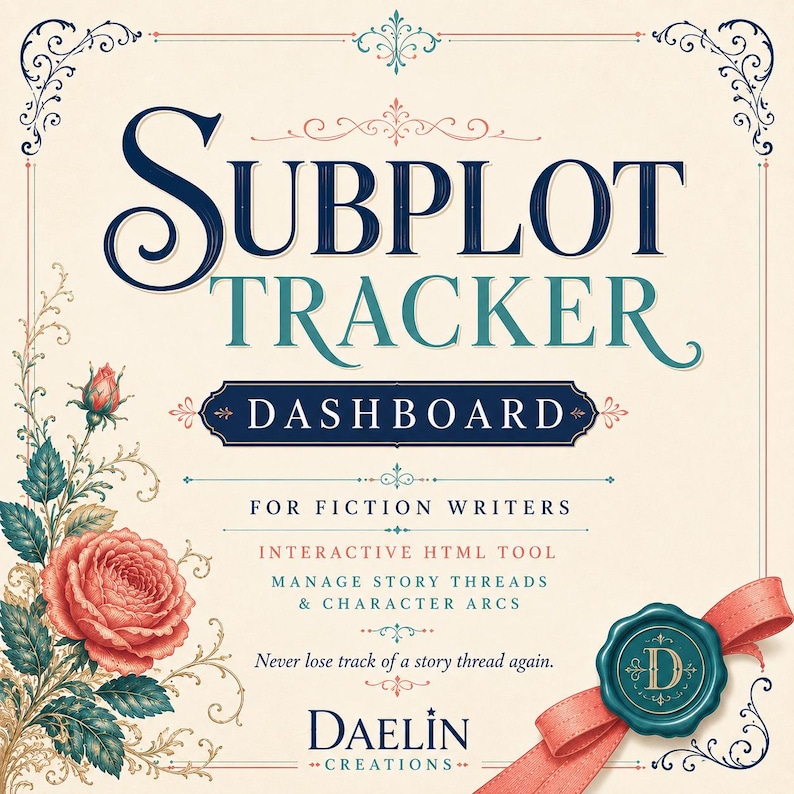 May include: A digital dashboard titled Subplot Tracker for fiction writers, featuring an interactive HTML tool to manage story threads and character arcs. The design includes a large pink rose, ornate blue text, and a teal wax seal with a letter D.