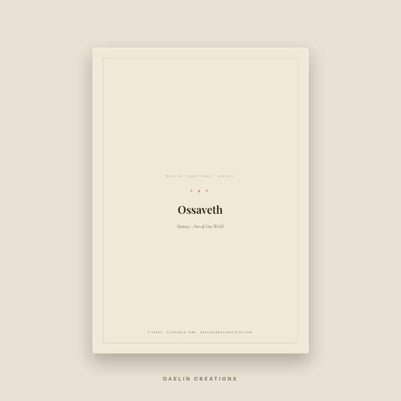 K&ouml;nnte beinhalten: Eine rechteckige digitale Planerseite mit cremefarbenem Hintergrund und einem d&uuml;nnen Rand. Der Text lautet Daelin Creations World, Ossaveth, January One-of-One World, 6 pages, clickable tabs, daelincreations.etsy.com und Daelin Creations am unteren Rand.