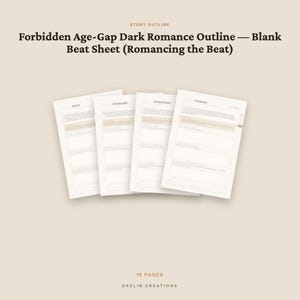 Pu&ograve; includere: Un documento digitale intitolato Forbidden Age-Gap Dark Romance Outline &mdash; Blank Beat Sheet (Romancing the Beat) che mostra quattro pagine bianche sovrapposte con campi di testo strutturati, per un totale di 19 pagine di Daelin Creations su sfondo beige.