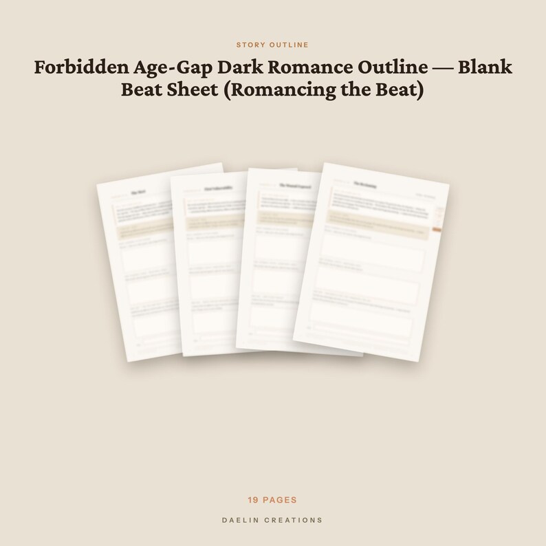 Pu&ograve; includere: Un documento digitale intitolato Forbidden Age-Gap Dark Romance Outline &mdash; Blank Beat Sheet (Romancing the Beat) che mostra quattro pagine bianche sovrapposte con campi di testo strutturati, per un totale di 19 pagine di Daelin Creations su sfondo beige.