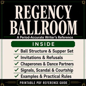 Op de afbeelding: Een printbare PDF-referentiegids getiteld REGENCY BALLROOM: A Period-Accurate Writer's Reference. De tekst somt de inhoud op, waaronder Ball Structure & Supper Set, Invitations & Refusals, Chaperones & Dance Partners, Signals, Scandal & Courtship.