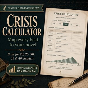 May include: A Crisis Calculator guide for novel writing, with the text "Map every beat to your novel." The guide includes a chapter count selection, a crisis placement guide, and a visual intensity bar diagram. The guide is built for 20, 25, 30, 35 & 40 chapters.