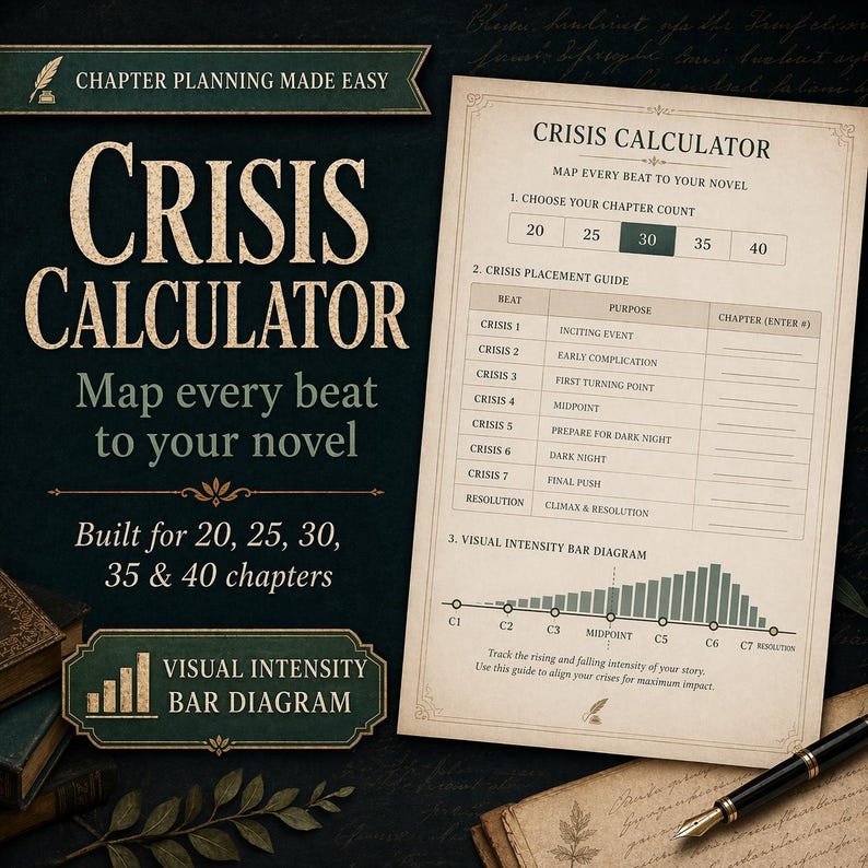 May include: A Crisis Calculator guide for novel writing, with the text "Map every beat to your novel." The guide includes a chapter count selection, a crisis placement guide, and a visual intensity bar diagram. The guide is built for 20, 25, 30, 35 & 40 chapters.