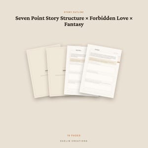 Pu&ograve; includere: Un set di sedici pagine intitolato Seven Point Story Structure &times; Forbidden Love &times; Fantasy di Daelin Creations. Il documento presenta una serie di fogli bianchi impilati con testo stampato e sezioni strutturate per la pianificazione creativa.