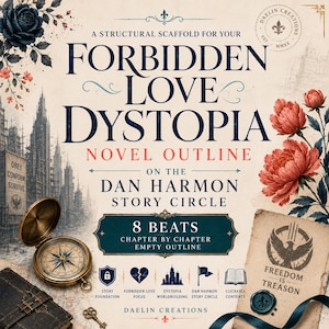 May include: A digital document titled A Structural Scaffold for Your Forbidden Love Dystopia Novel Outline on the Dan Harmon Story Circle. It features a brass compass, a vintage paper with the text Freedom is Treason, and floral illustrations.