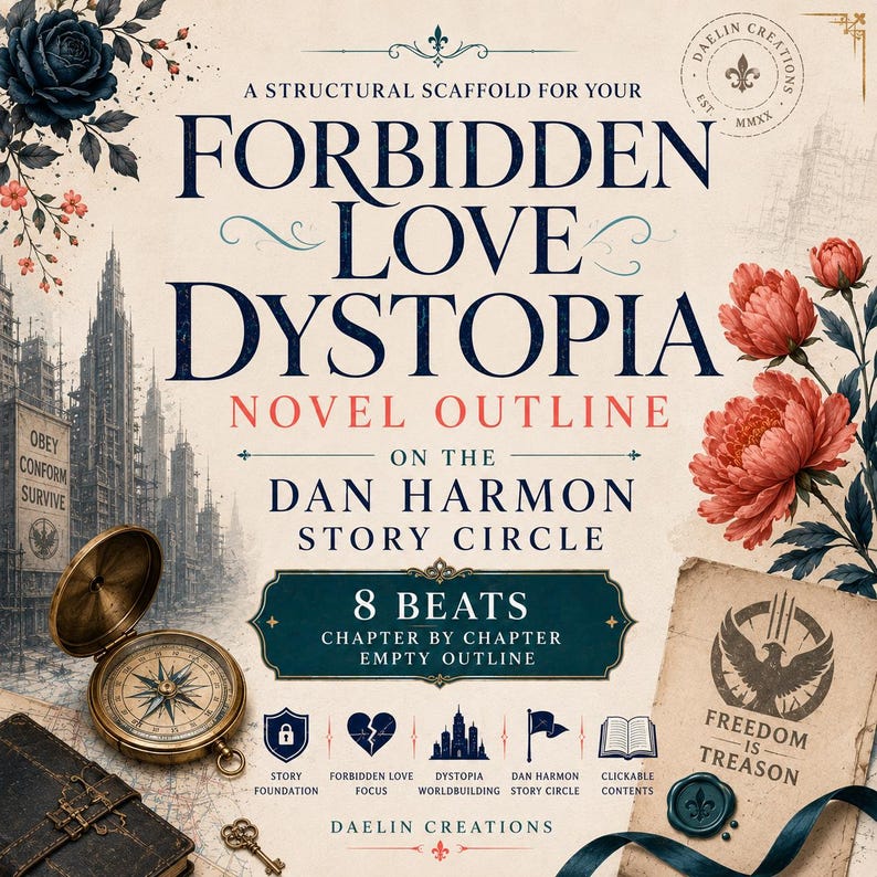 May include: A digital document titled A Structural Scaffold for Your Forbidden Love Dystopia Novel Outline on the Dan Harmon Story Circle. It features a brass compass, a vintage paper with the text Freedom is Treason, and floral illustrations.