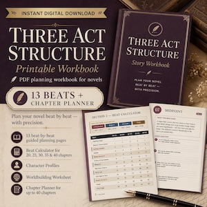 Puede incluir: Una descarga digital para un cuaderno de trabajo imprimible de Estructura de Tres Actos. La portada presenta el título en texto blanco grande, con un gráfico de pluma. Incluye un libro de trabajo de historia, calculadora de ritmo y planificador de capítulos para novelas.