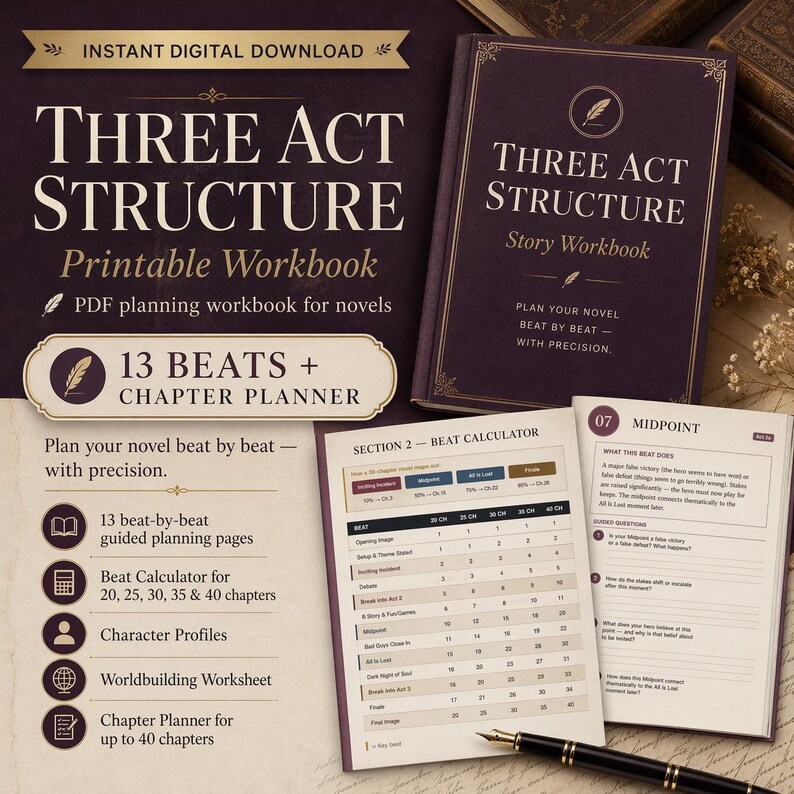 May include: A digital download for a Three Act Structure printable workbook. The cover features the title in large white text, with a feather graphic. Includes a story workbook, beat calculator, and chapter planner for novels.