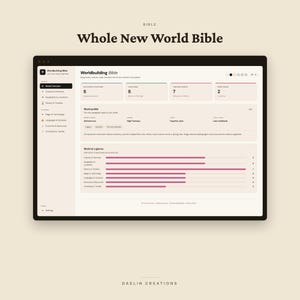 Pode incluir: Uma interface digital intitulada Whole New World Bible da Daelin Creations. O ecr&atilde; apresenta um painel de controlo de constru&ccedil;&atilde;o de mundos com um menu lateral, cart&otilde;es estat&iacute;sticos de culturas, locais e eventos, e um gr&aacute;fico de barras.