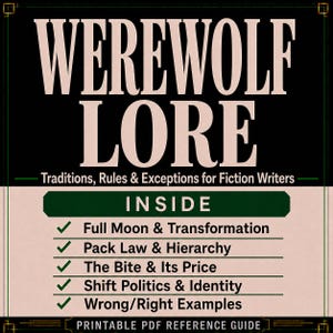 Pode incluir: Um guia de refer&ecirc;ncia digital intitulado WEREWOLF LORE: Traditions, Rules & Exceptions for Fiction Writers. O texto lista conte&uacute;dos incluindo Full Moon & Transformation, Pack Law & Hierarchy, The Bite & Its Price, Shift Politics & Identity e Wrong/Right Examples.