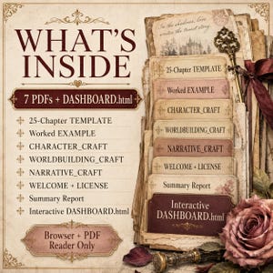 Op de afbeelding: Een digitale productlijst met de titel WHAT'S INSIDE, bestaande uit 7 PDF's en een interactief DASHBOARD.html. De lijst bevat 25-Chapter TEMPLATE, Worked EXAMPLE, CHARACTER_CRAFT, WORLDBUILDING_CRAFT, NARRATIVE_CRAFT, WELCOME + LICENSE en Summary Report.