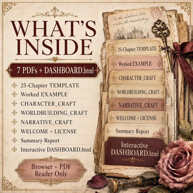 Op de afbeelding: Een digitale productlijst met de titel WHAT'S INSIDE, bestaande uit 7 PDF's en een interactief DASHBOARD.html. De lijst bevat 25-Chapter TEMPLATE, Worked EXAMPLE, CHARACTER_CRAFT, WORLDBUILDING_CRAFT, NARRATIVE_CRAFT, WELCOME + LICENSE en Summary Report.
