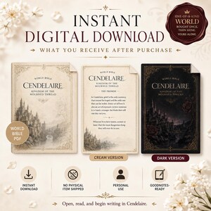 Może przedstawiać: Cyfrowy zestaw do pobrania zatytułowany Cendelaire: Kingdom of the Mourned Thread, zawierający kremową okładkę, kremową stronę z założeniami oraz ciemną okładkę. Zawiera ikony natychmiastowego pobierania oraz przeznaczenia do użytku osobistego.