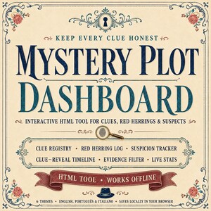 Op de afbeelding: Een vierkante afbeelding met de titel Mystery Plot Dashboard met donkerblauwe tekst op een cr&egrave;mekleurige achtergrond. Het bevat een vergrootglas met een vingerafdruk, een fedora-pictogram en functies zoals Clue Registry, Red Herring Log en Suspicion Tracker.