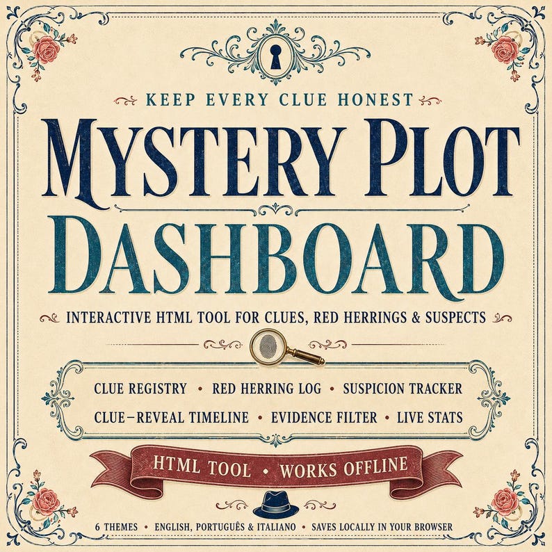 Op de afbeelding: Een vierkante afbeelding met de titel Mystery Plot Dashboard met donkerblauwe tekst op een cr&egrave;mekleurige achtergrond. Het bevat een vergrootglas met een vingerafdruk, een fedora-pictogram en functies zoals Clue Registry, Red Herring Log en Suspicion Tracker.