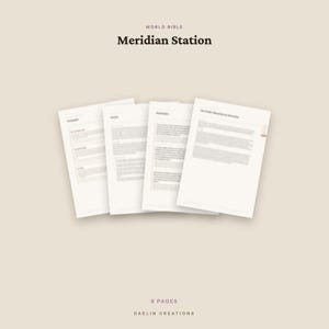 Puede incluir: Un conjunto de cuatro p&aacute;ginas de documentos blancas tituladas World Bible Meridian Station, con texto impreso y encabezados. Las p&aacute;ginas est&aacute;n dispuestas en forma de abanico sobre un fondo beige claro, con el texto 9 PAGES DAELIN CREATIONS debajo.