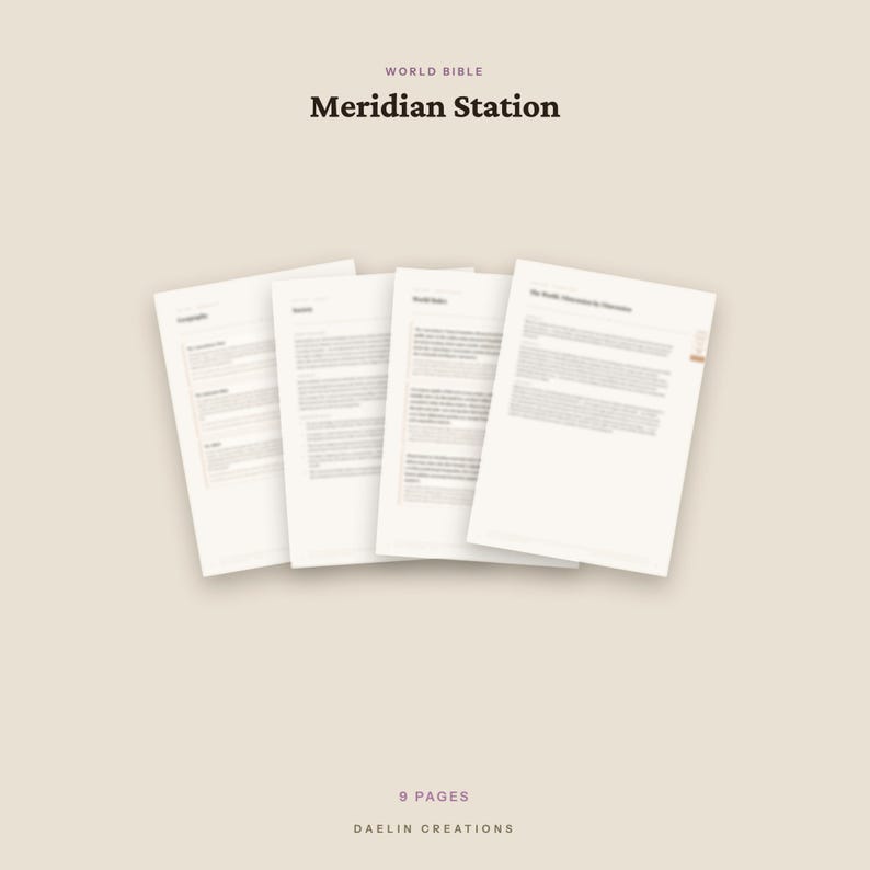 Puede incluir: Un conjunto de cuatro p&aacute;ginas de documentos blancas tituladas World Bible Meridian Station, con texto impreso y encabezados. Las p&aacute;ginas est&aacute;n dispuestas en forma de abanico sobre un fondo beige claro, con el texto 9 PAGES DAELIN CREATIONS debajo.