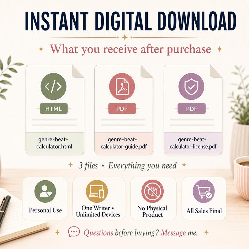 May include: An infographic titled INSTANT DIGITAL DOWNLOAD showing three file icons: an HTML file, a PDF guide, and a PDF license. Below are four icons indicating personal use, unlimited device access, no physical product, and final sales policy.