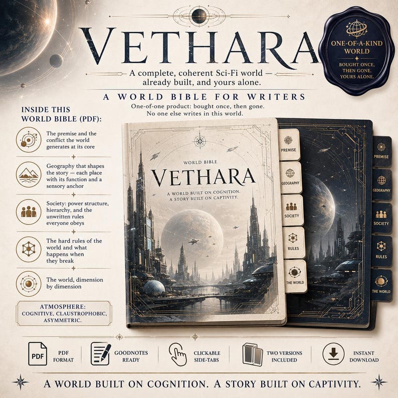 May include: A digital world bible titled Vethara, featuring two book covers with sci-fi cityscapes and planets. The set includes clickable side-tabs labelled Premise, Geography, Society, Rules, and The World. The design is in PDF format, compatible with Goodnotes, and includes two distinct visual versions.