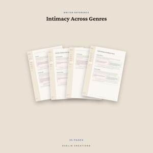 Peut inclure: Un ensemble de quatre pages de documents blanches intitul&eacute;es Writer Reference Intimacy Across Genres, pr&eacute;sentant du texte structur&eacute; et des puces. Les pages sont dispos&eacute;es en &eacute;ventail sur un fond beige clair avec le texte 25 pages.