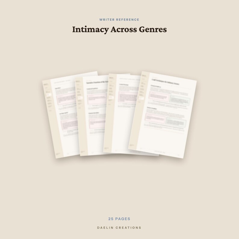 Peut inclure: Un ensemble de quatre pages de documents blanches intitul&eacute;es Writer Reference Intimacy Across Genres, pr&eacute;sentant du texte structur&eacute; et des puces. Les pages sont dispos&eacute;es en &eacute;ventail sur un fond beige clair avec le texte 25 pages.