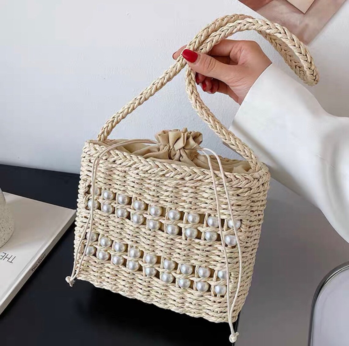 Pearls Straw Shoulder Bag Handmade Beach Bag Summer Woman Etsy