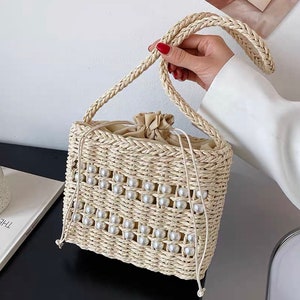 Pearls straw shoulder bag handmade beach bag summer woman holiday accessories handbag cute present