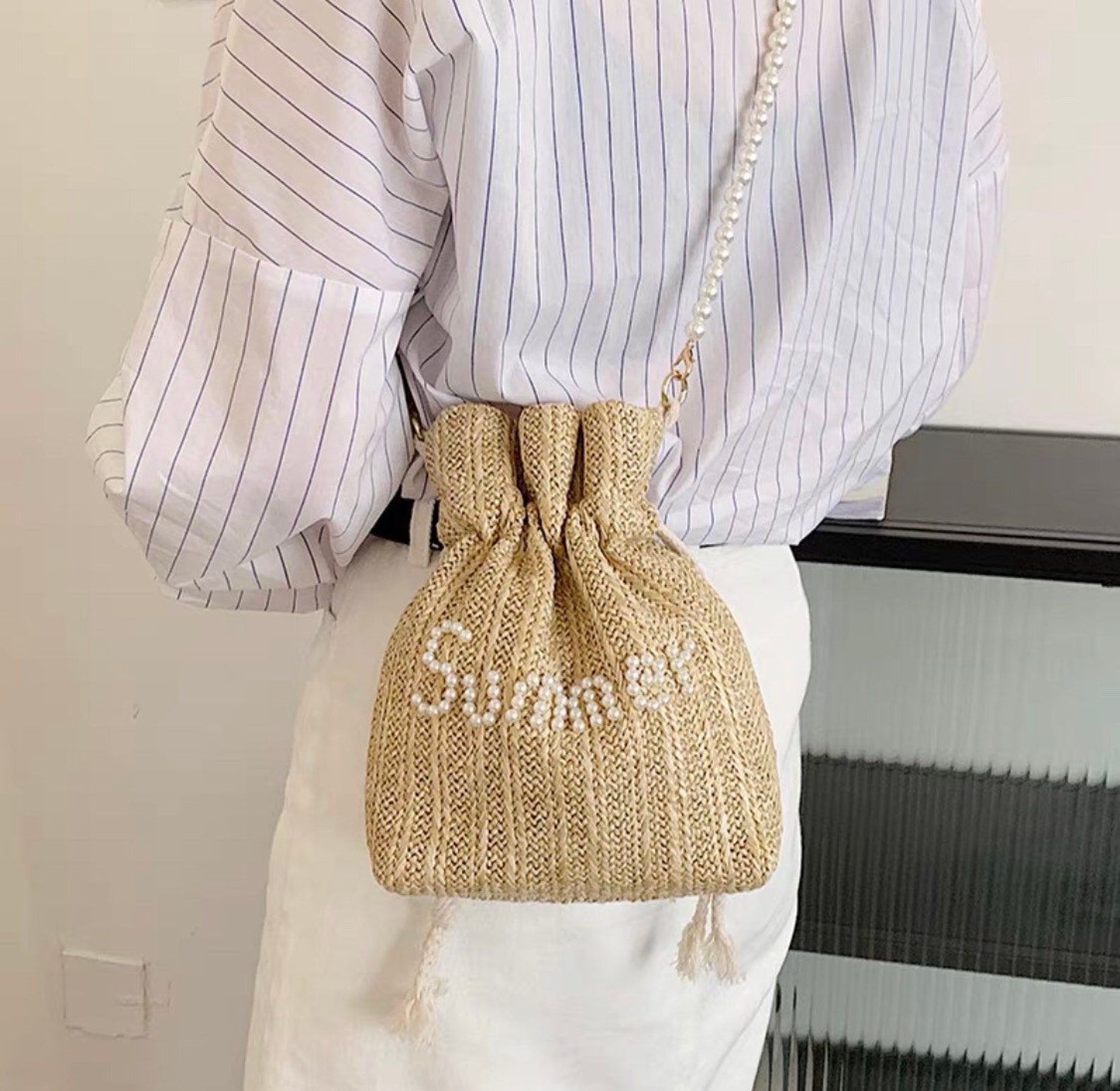 Pearl Straw bucket bag handmade straw bag woven bag wedding Etsy