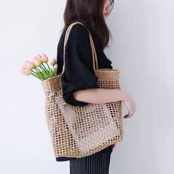 Large tote straw woven bag female summer shoulder bag beach holiday shopping large capacity tote bag