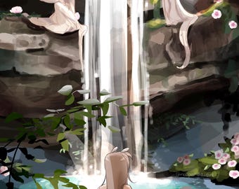Fairy waterfall illustration print - Handdrawn fantasy character magical waterfall beautiful print