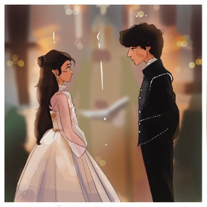 May include: A woman in a white gown with a sparkling texture stands facing a man in a black suit. The man is looking at the woman with a serious expression. The background is a blurry image of a church interior.