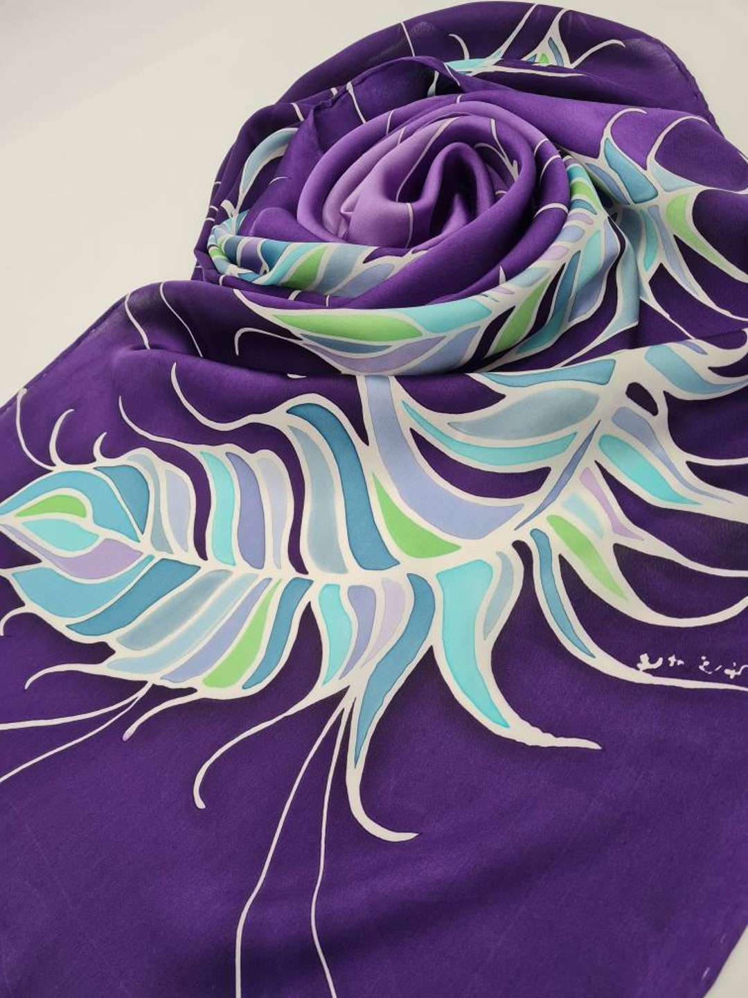 Purple Feathers – Marbled Silk Scarf