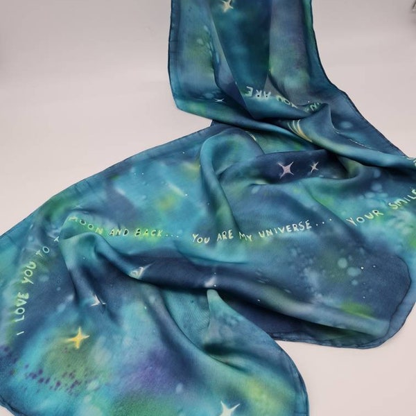 Hand painted silk long scarf - Galaxy "You are my Universe"