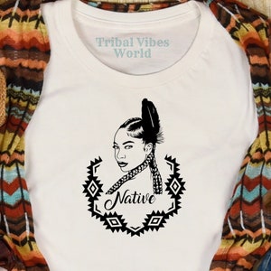 Native American Woman with Aztec Design T-Shirt | Strong Resilient Indigenous | Indigenous Tee Shirt