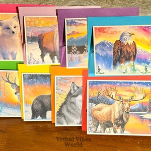 Aztec Tribal Woodland Animal Winter Theme Greeting Cards - Set of 8 | Christmas Woodland Cards