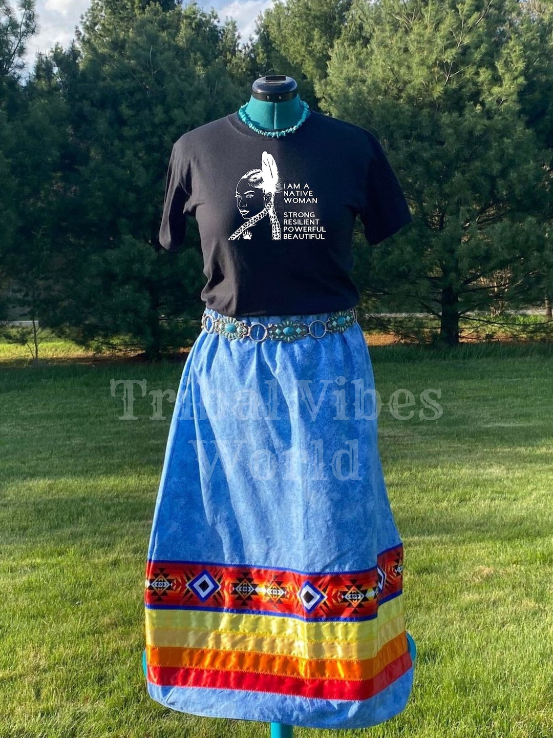 Blue Native American Ribbon Skirt With Fire Colors Aztec Etsy