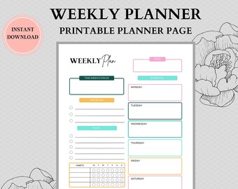 Weekly Organizer, Weekly Schedule, Weekly Planner Printable To Do List, Weekly Agenda, Week At a Glance