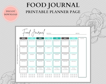 Editable Food Journal | Printable, Digital | Food Diary, Daily Food Journal, Fitness Diet | Meal Journal | Meal Tracker, Calorie Tracker