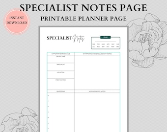 Specialist Notes Printable | Doctor Visit Insert | Doctor Visit Log | Medical Visit Journal | Doctor Appointments | Instant Download
