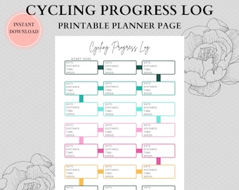 May include: A printable cycling progress log planner page with a floral design. The page is divided into sections with boxes for recording the date, distance, time, and speed of each cycling session.