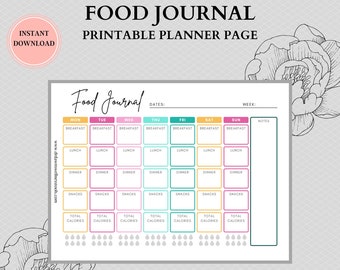 Weekly Meal Journal, Printable, Weekly Menu Journal, Health Planner, Fitness Planner, Instant Download