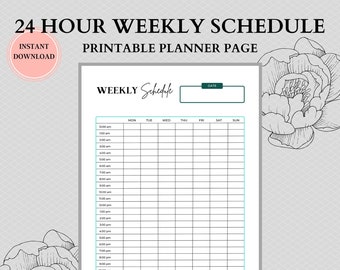 24 Hour weekly Schedule, Weekly Agenda, Timetable, Letter/A4/A5, Planner Printable PDF