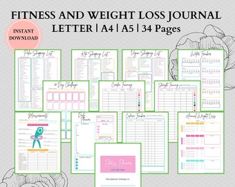 Colorful Meal Planner Printable in Fitness Journal | Keto Grocery List | Weekly Meal Plan | Food Journal | Printable Workout Planner