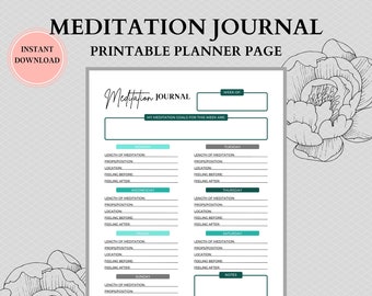 Könnte beinhalten: Druckbare Planerseite für ein Meditationsjournal mit grauem Hintergrund und türkisfarbenen Akzenten. Die Seite enthält einen Abschnitt für tägliche Meditationsziele, einschließlich der Dauer der Meditation, der verwendeten Requisiten, des Ortes und der Gefühle vor und nach der Meditation. Es gibt auch einen Abschnitt für Notizen.