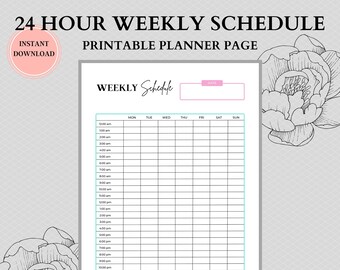 24 Hour Weekly Schedule, Week At a Glance, Weekly Agenda, Weekly Planner Printable, PDF, Weekly To Do List