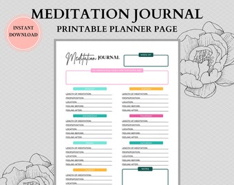 Puede incluir: Página de planificador de diario de meditación imprimible con un diseño floral. La página incluye secciones para cada día de la semana para realizar un seguimiento de la duración de la meditación, los accesorios utilizados, la ubicación y los sentimientos antes y después de la meditación. También incluye una sección para notas y un espacio para escribir las metas de meditación de la semana.