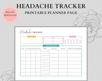 Printable Chronic Headache Tracker | Chart Headache Events Symptoms & Severity | Instant Download
