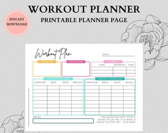 Op de afbeelding: Afdrukbare workout-plannerpagina met secties voor warming-up, cooling down, krachttraining, flexibiliteitstraining en cardio. De pagina heeft een lichtgrijze achtergrond met een bloemenontwerp aan de zijkanten. De tekst "Workout Plan" staat bovenaan de pagina.