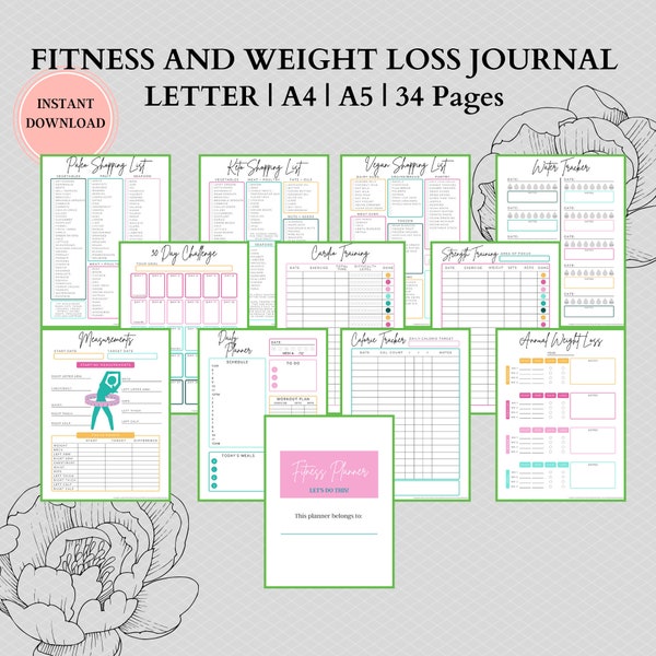 Colorful Meal Planner Printable in Fitness Journal | Keto Grocery List | Weekly Meal Plan | Food Journal | Printable Workout Planner
